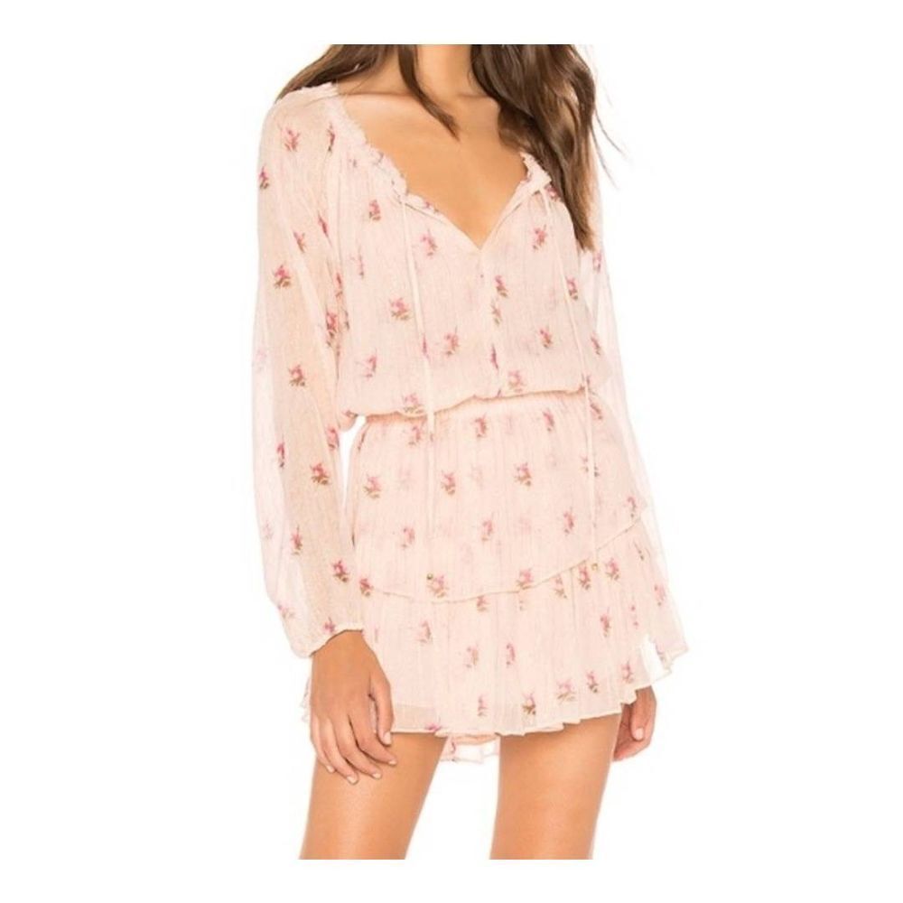 LoveShackFancy powder pink gold metallic floral stripe Popover silk mini dress s